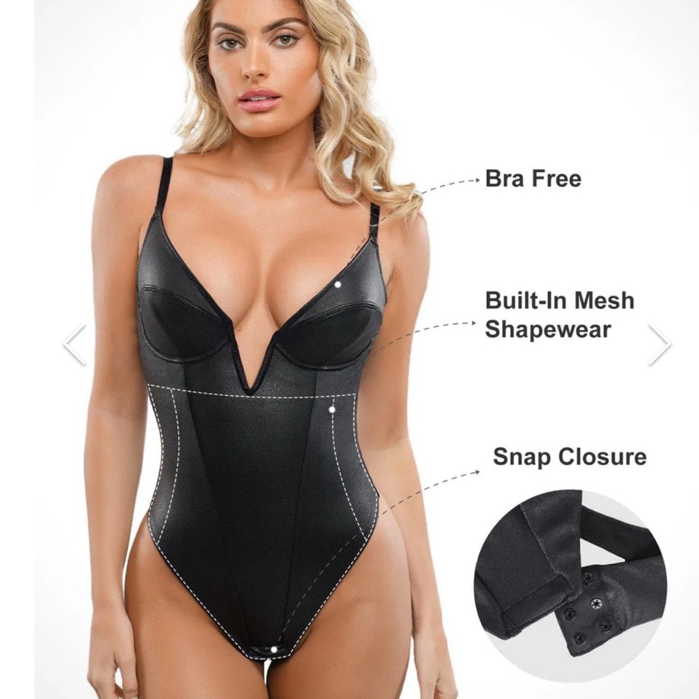 Popilush Black Faux Leather Shapewear Bodysuit Built-In Bra Size S 🖤